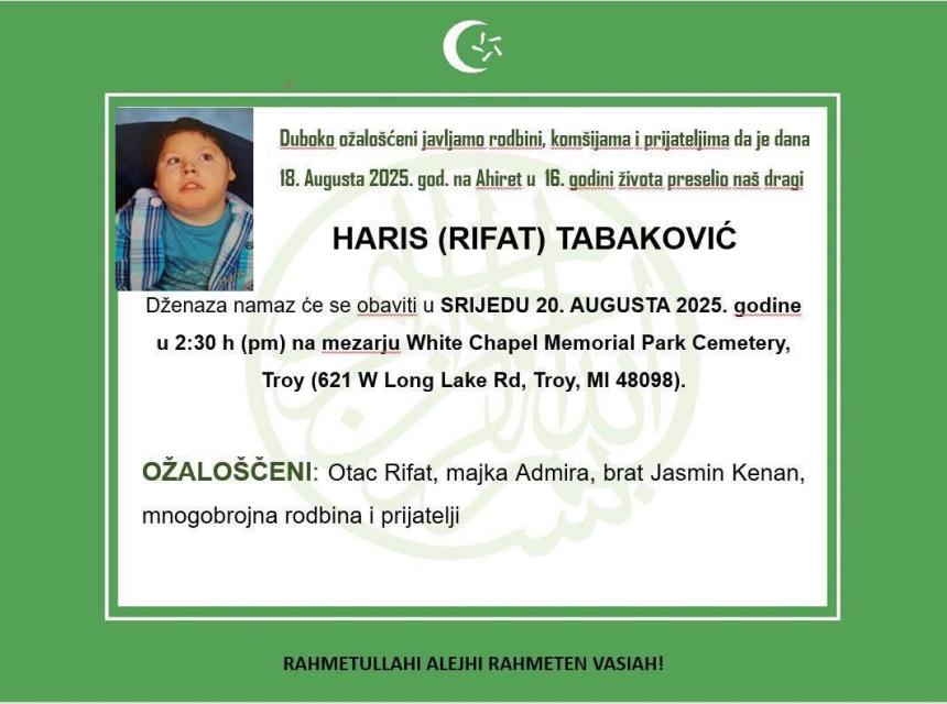 Velika tuga u Americi: Preminuo 16-godišnji Haris Tabaković